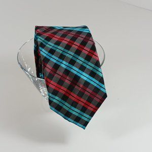 J Ferrar Men's Tie Polyester Aqua Blue Berry Red Plaid